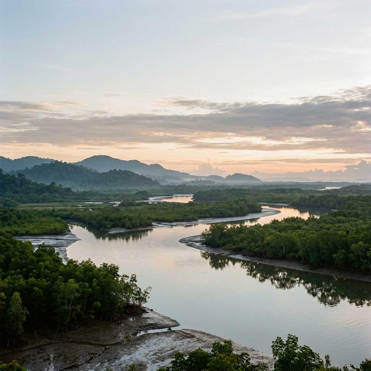 Wide landscape of a quiet river delta in Southeast Asia at dawn, calm water reflecting soft morning light, lush green mangroves and distant hills: the context that drives our beliefs.