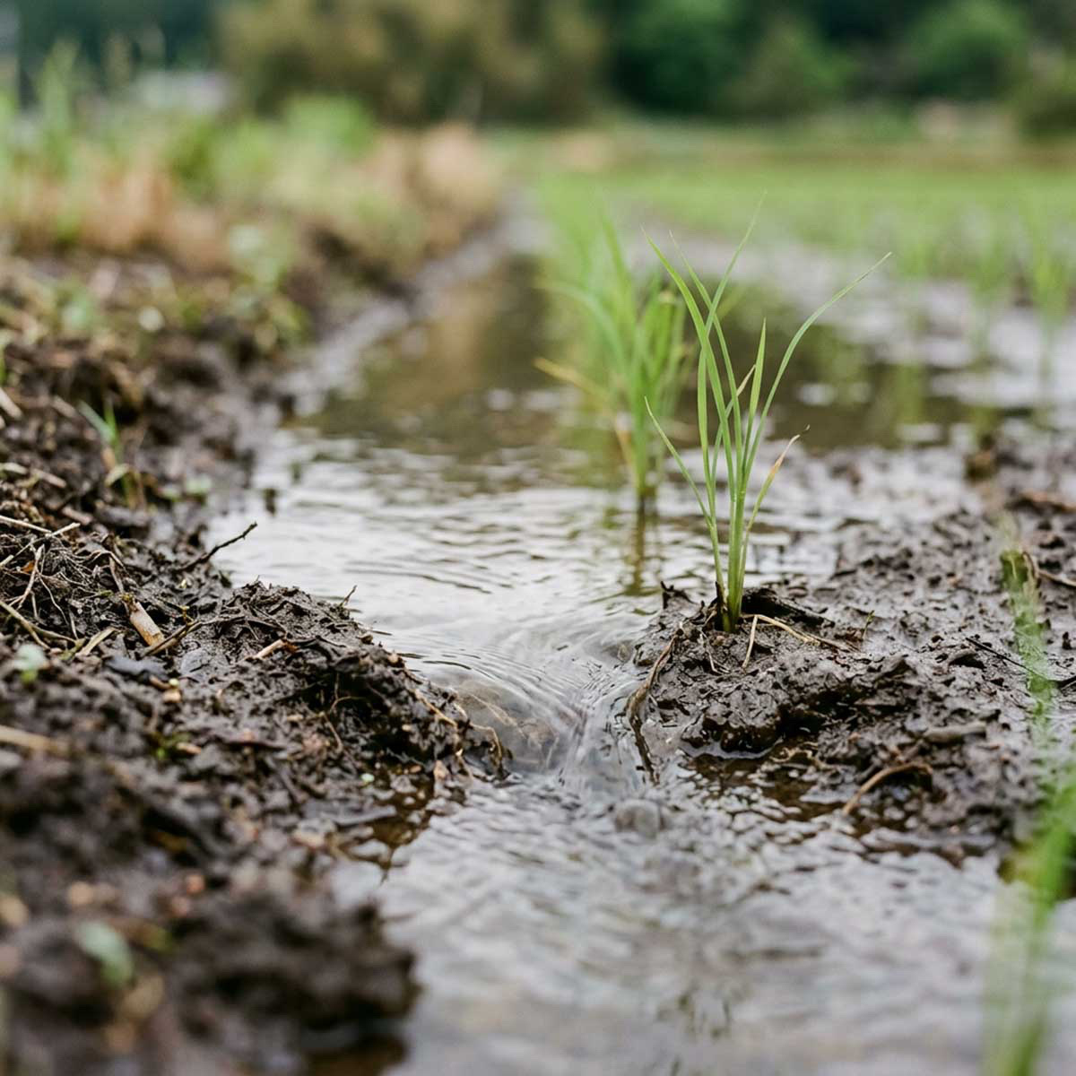 Close-up of water gently flowing over dark, rich soil in a rice paddy.