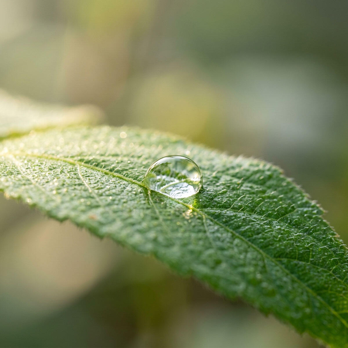 A single water drop resting on a vibrant green leaf: 3 areas of interest.