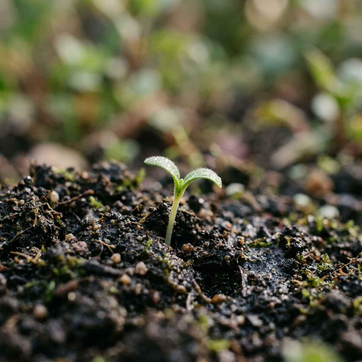 A tiny green seedling just beginning to emerge from dark, moist soil.